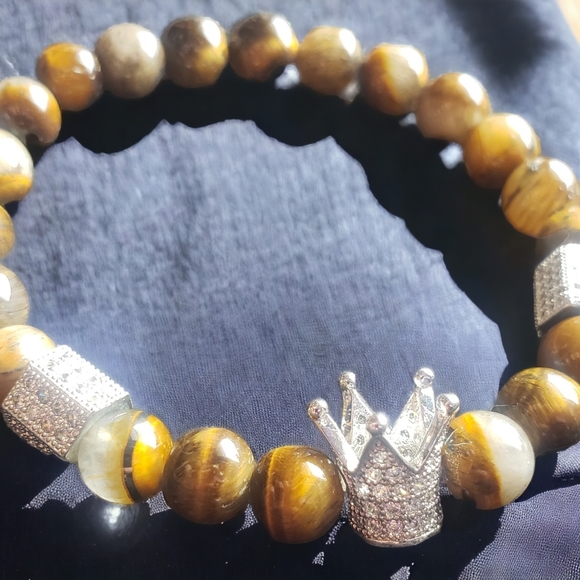 Tigers Eye Handcrafted Beaded Bracelet with Silver CZ Crown & Accent Beads - Picture 5 of 5
